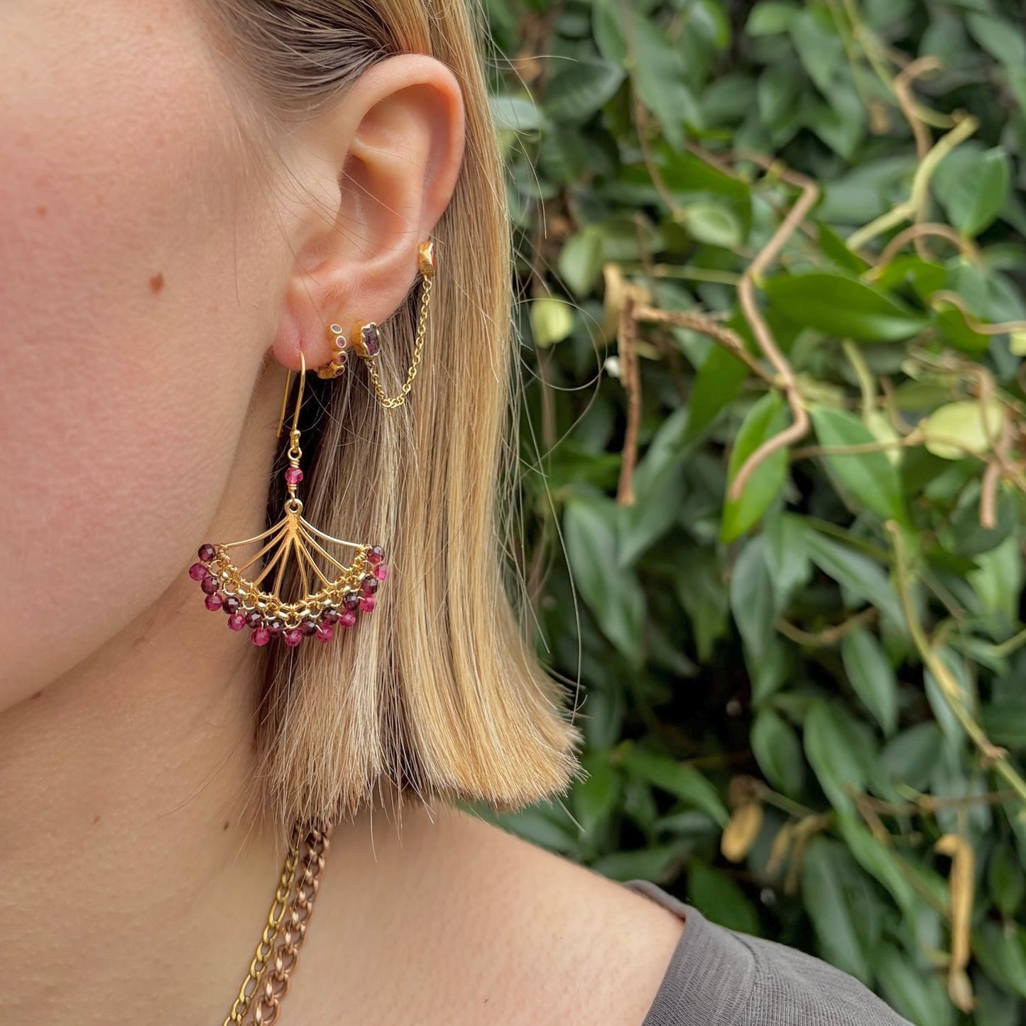 Burgundy & Fuchsia Pink Garnet Rolo Fan Beaded Earrings