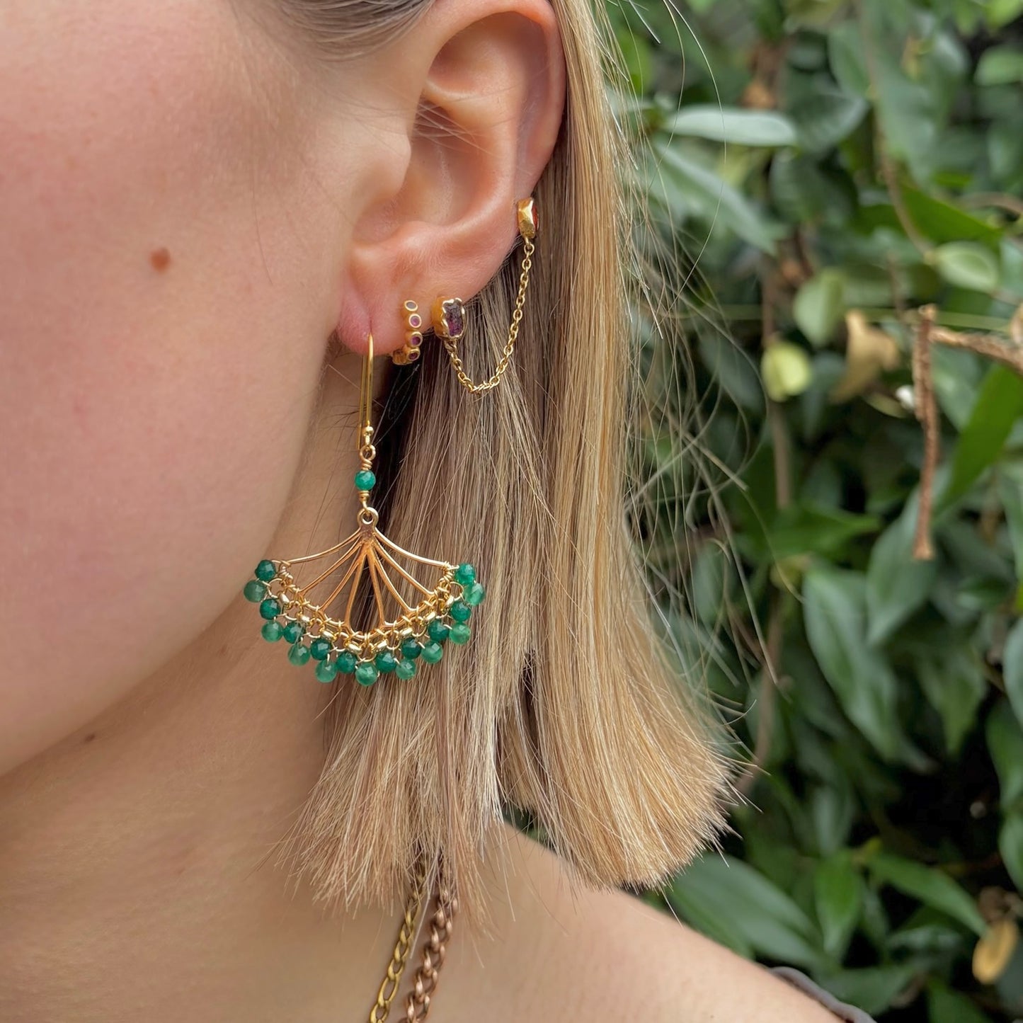 Dark Mint Green & Mid Emerald Jade Rolo Fan Beaded Earrings