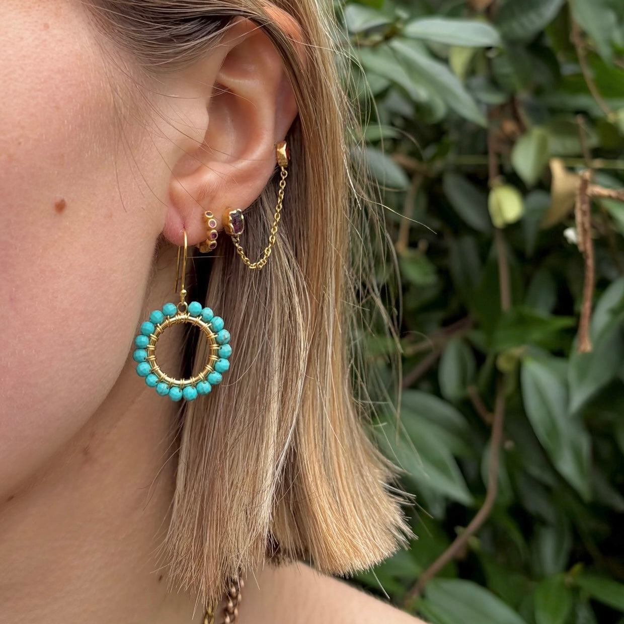 Turquoise Blue Mini Round Beaded Earrings