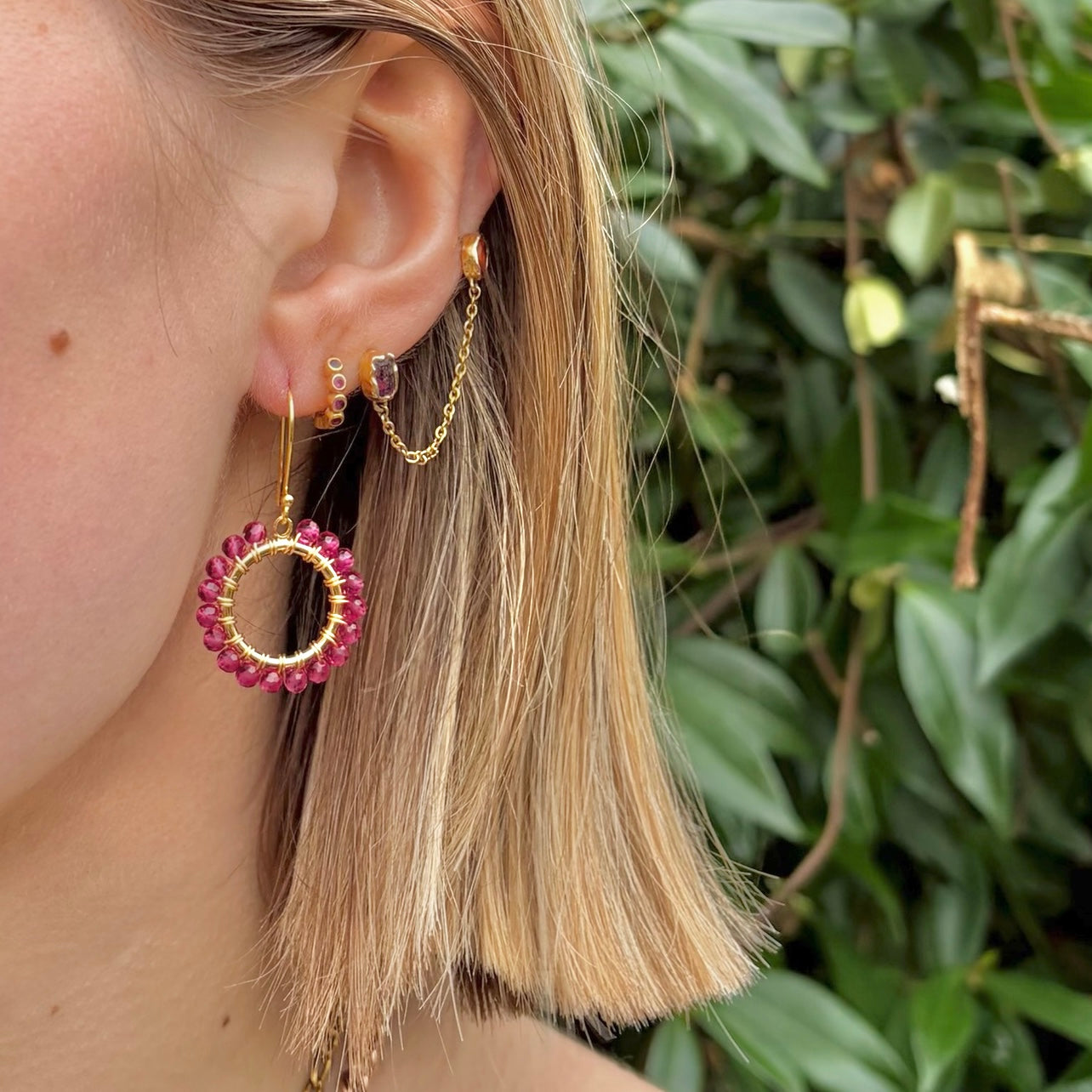 Fuchsia Pink Garnet Mini Round Beaded Earrings
