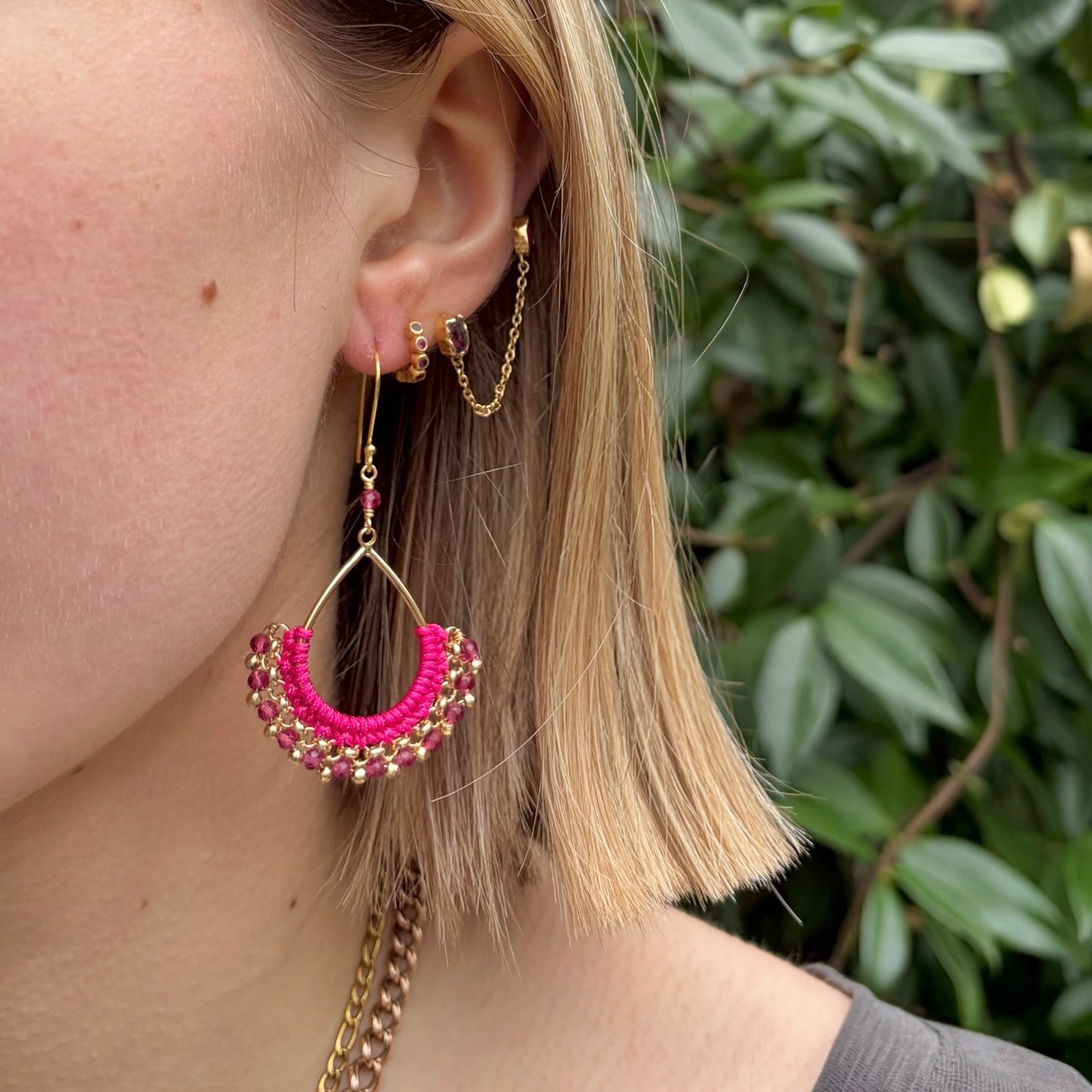 Fuchsia Pink & Gold Pyrite Boho Wrapped Teardrop Earrings