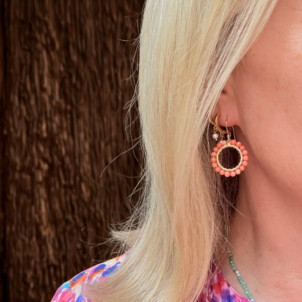 Coral Mini Round Beaded Earrings