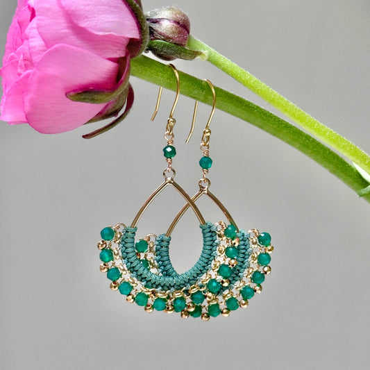 Emerald Green Jade & Gold Pyrite Boho Wrapped Round Earrings