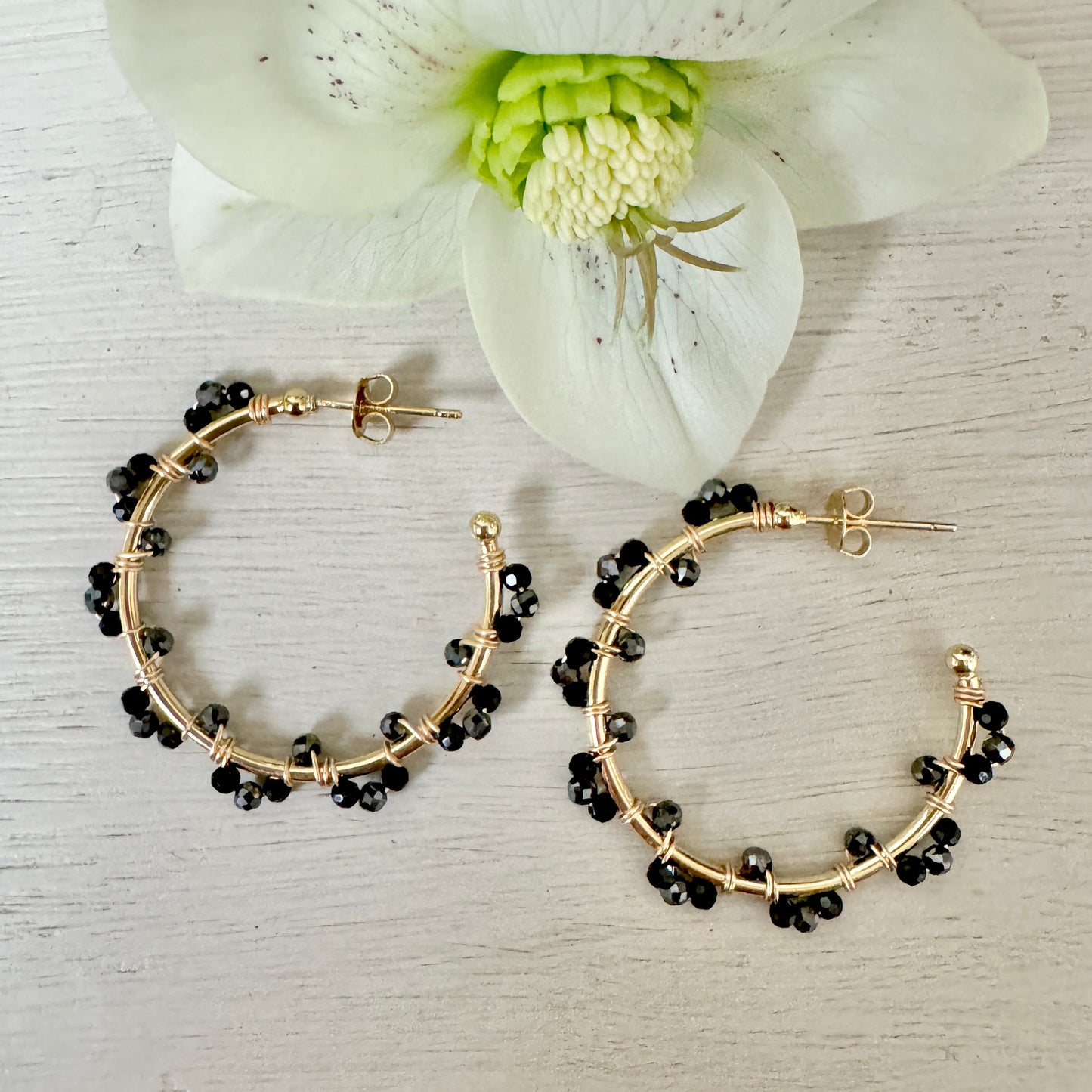 Black Onyx & Charcoal Hematite Swirl Midi Hoop Beaded Earrings