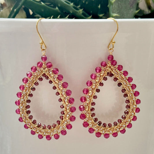 Fuchsia Pink & Burgundy Garnet Large Rolo Teardrop Beaded Earrings