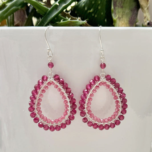 Fuchsia Pink & Candy Pink Garnet Double Beaded Peardrop Earrings
