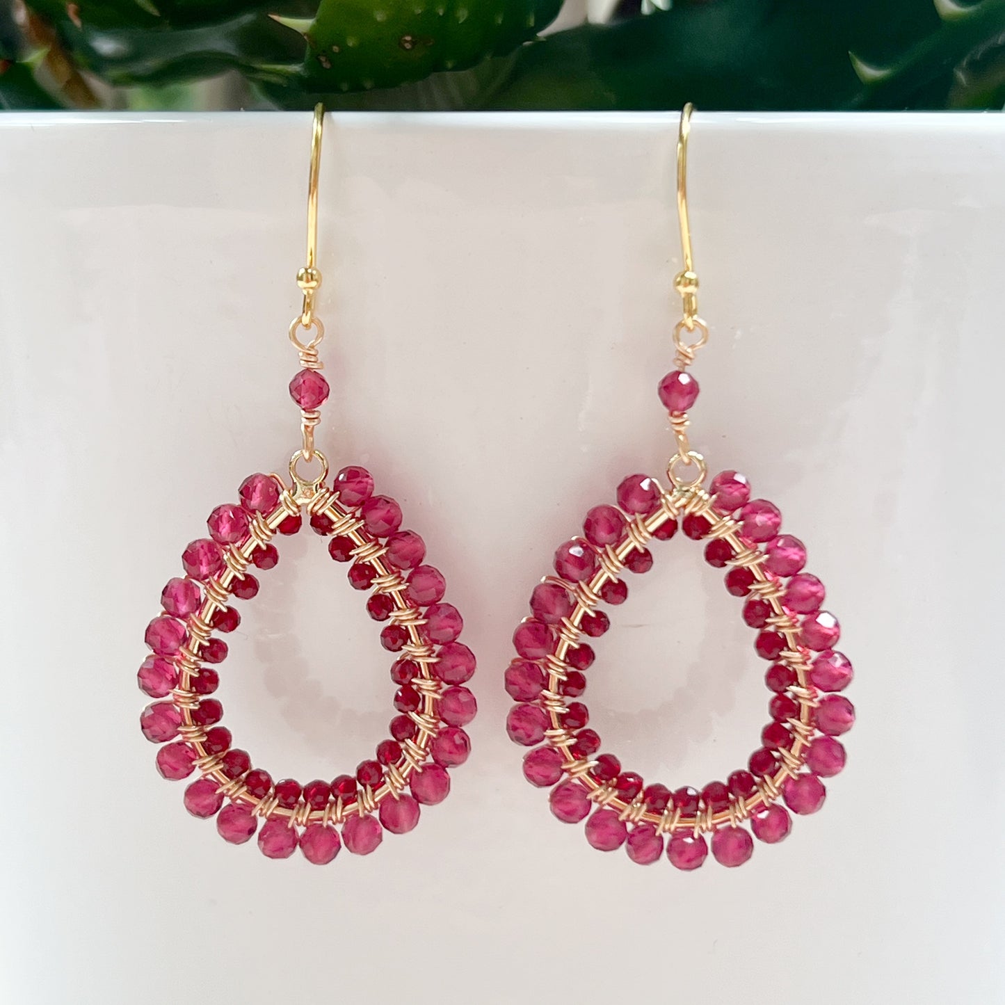 Fuchsia Pink Garnet & Burgundy Jade Double Beaded Peardrop Earrings