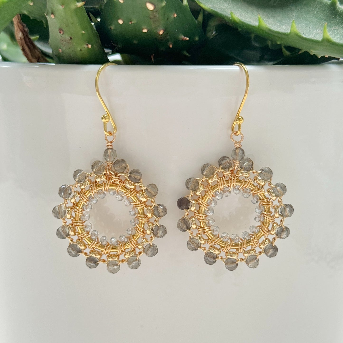 Taupe Agate & Crystal Rolo Round Beaded Earrings