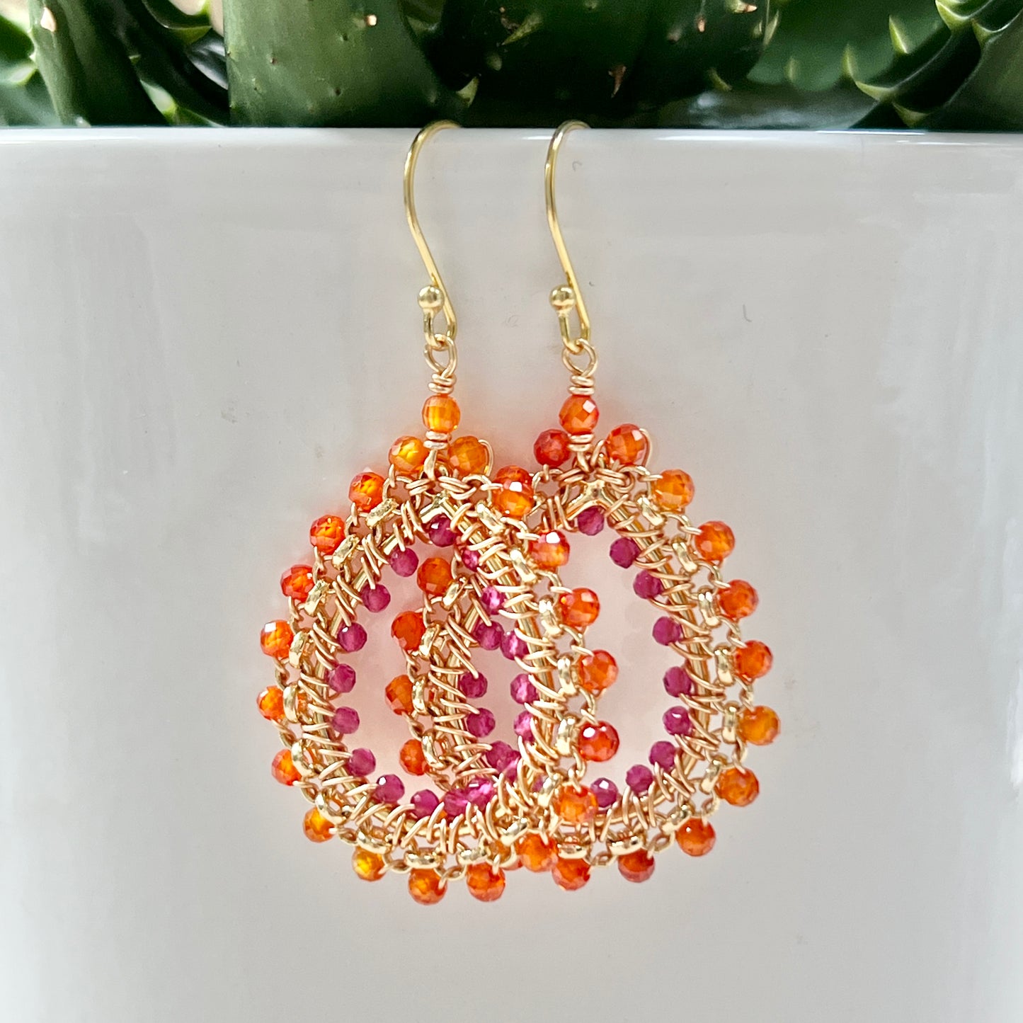 Orange Carnelian & Fuchsia Pink Garnet Medium Rolo Peardrop Beaded Earrings