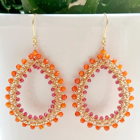 Orange Carnelian & Fuchsia Pink Garnet Large Rolo Teardrop Beaded Earrings