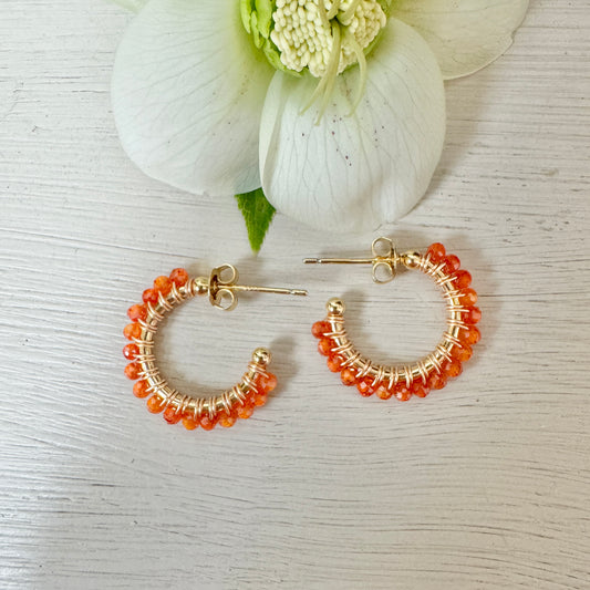Orange Carnelian Mini Hoop Beaded Earrings