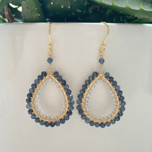 Denim Blue Iolite & Crystal Double Beaded Peardrop Earrings