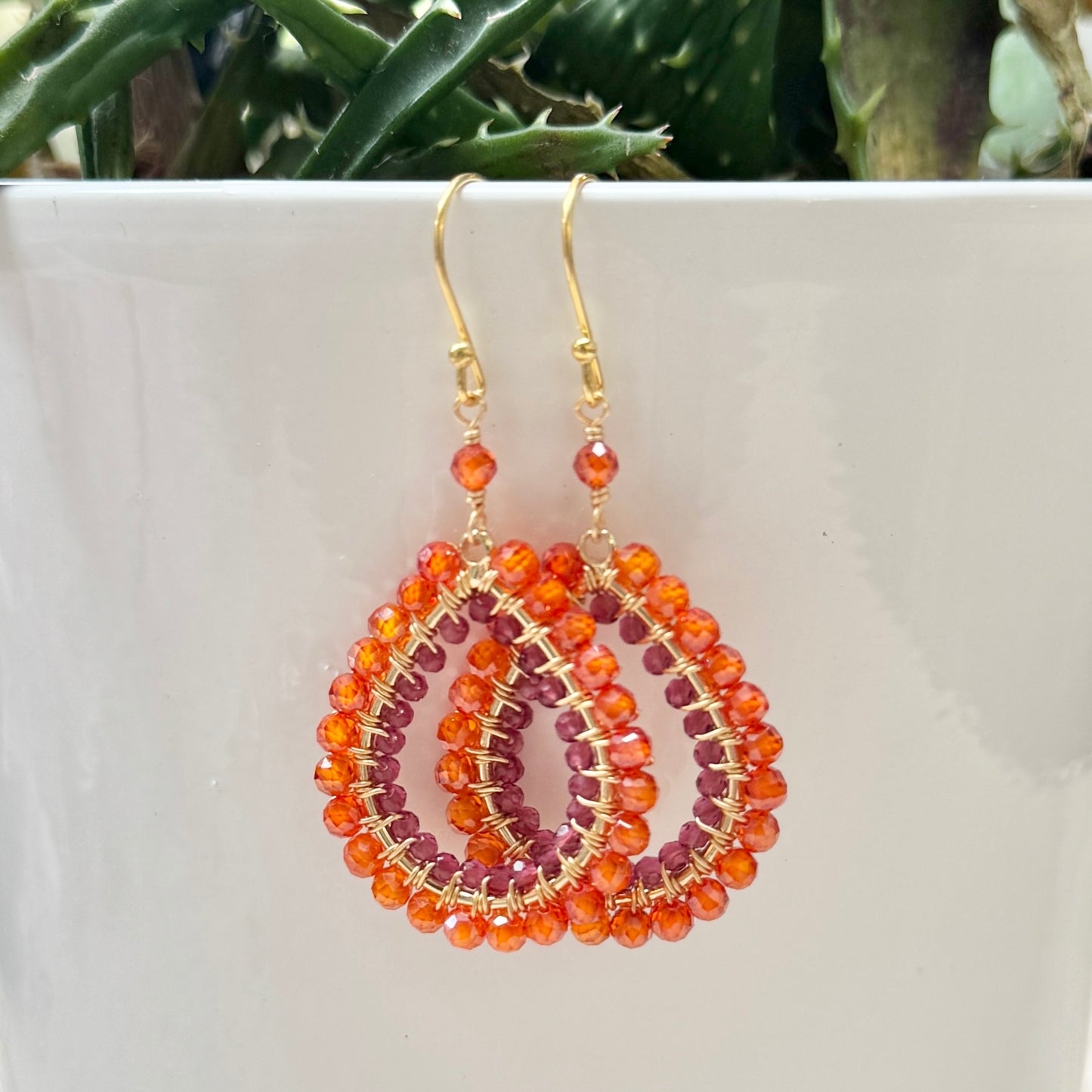 Orange Carnelian & Fuchsia Pink Garnet Double Beaded Peardrop Earrings