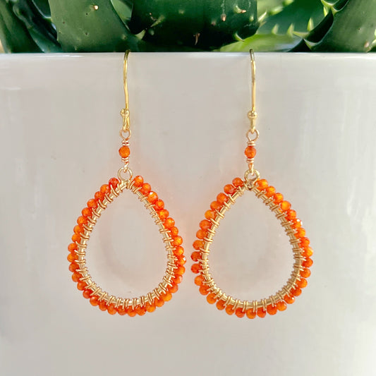 Orange Carnelian Peardrop Beaded Earrings
