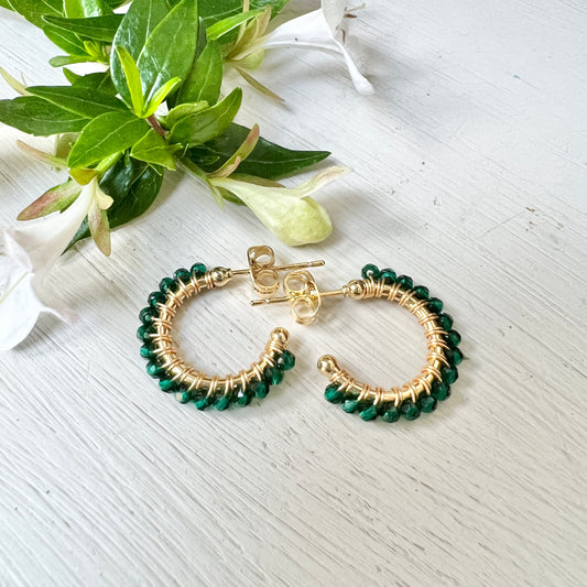 Emerald Green Jade Mini Hoop Beaded Earrings