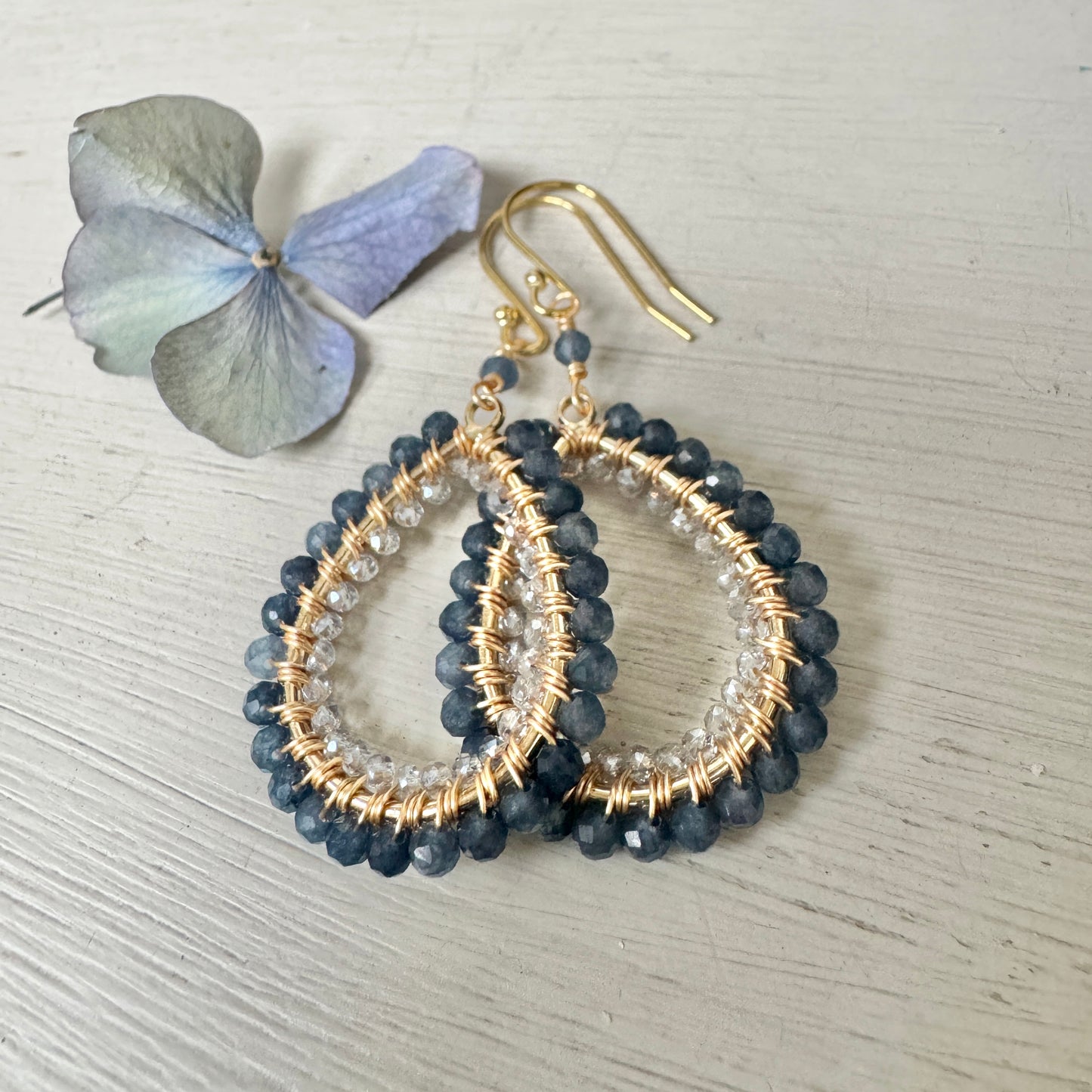 Denim Blue Iolite & Crystal Double Beaded Peardrop Earrings