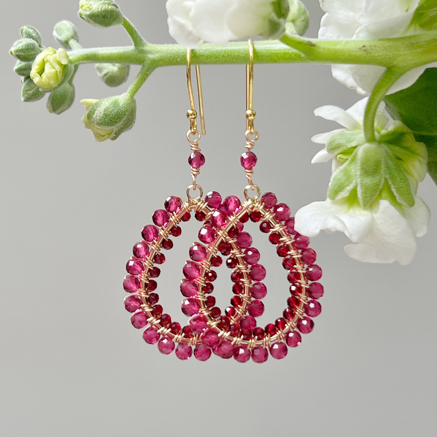 Fuchsia Pink Garnet & Burgundy Jade Double Beaded Peardrop Earrings