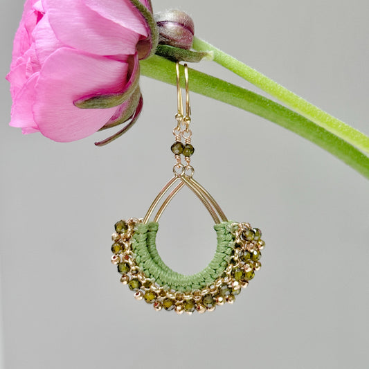 Olive Green Peridot & Gold Pyrite Boho Wrapped Round Earrings
