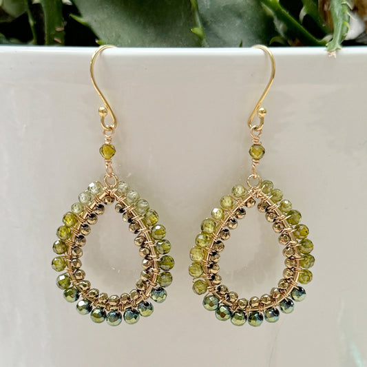 Olive Green Peridot & Pyrite Ombre Double Beaded Peardrop Earrings