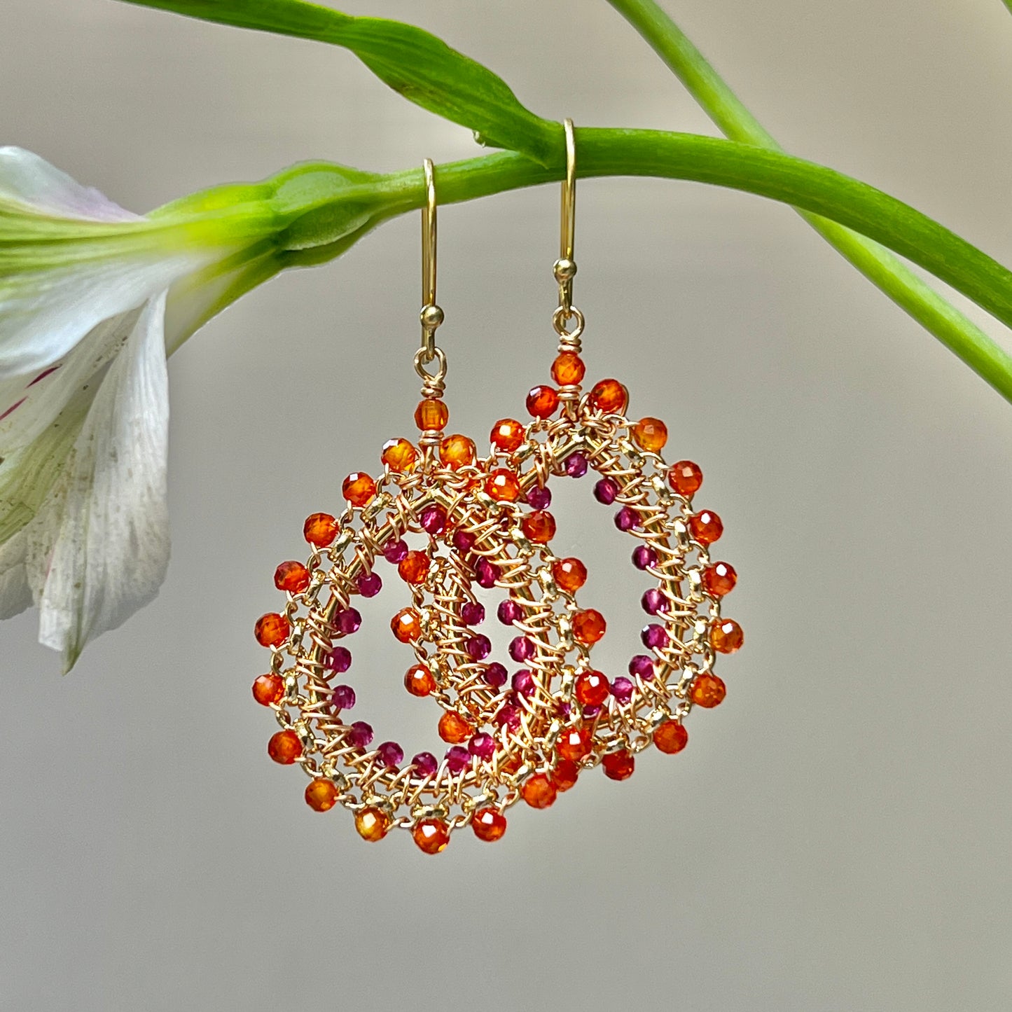 Orange Carnelian & Fuchsia Pink Garnet Medium Rolo Peardrop Beaded Earrings