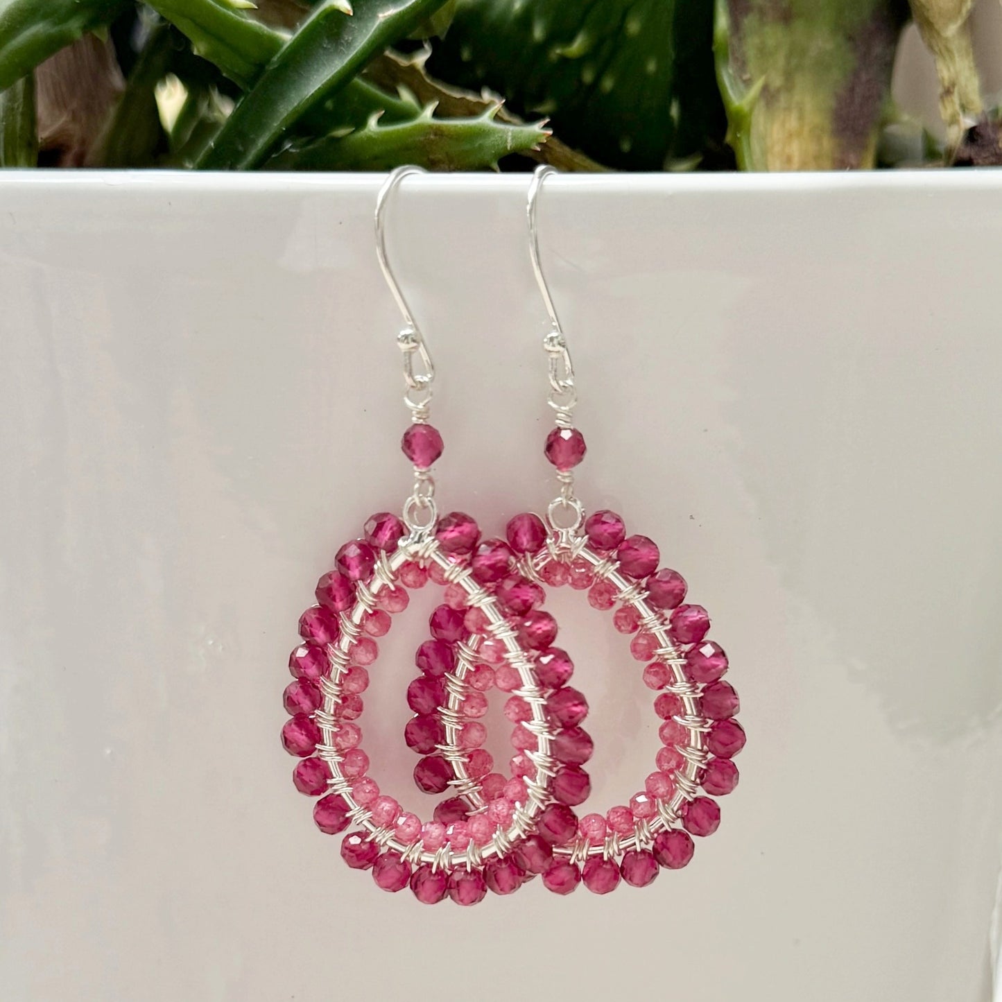 Fuchsia Pink & Candy Pink Garnet Double Beaded Peardrop Earrings