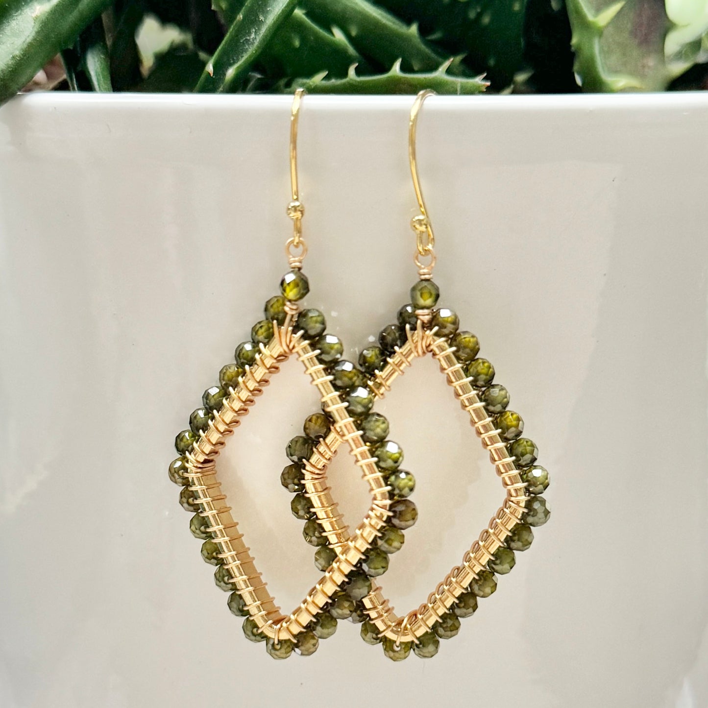 Olive Green Peridot Kite Beaded Earrings