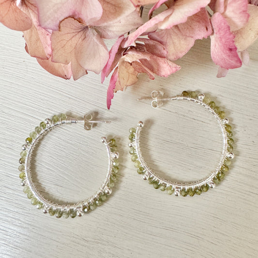 Pale Olive Green Peridot Midi Bobble Hoop Beaded Earrings (Silver)