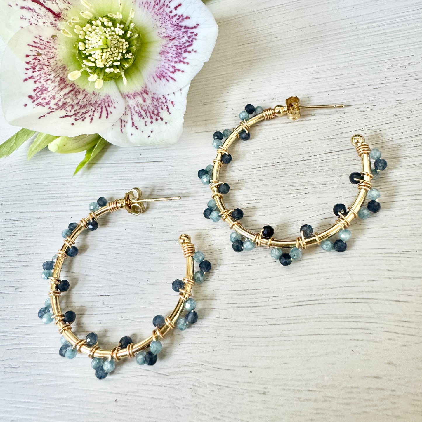 Denim Blue Iolite & Powder Blue Kyanite Swirl Midi Hoop Beaded Earrings