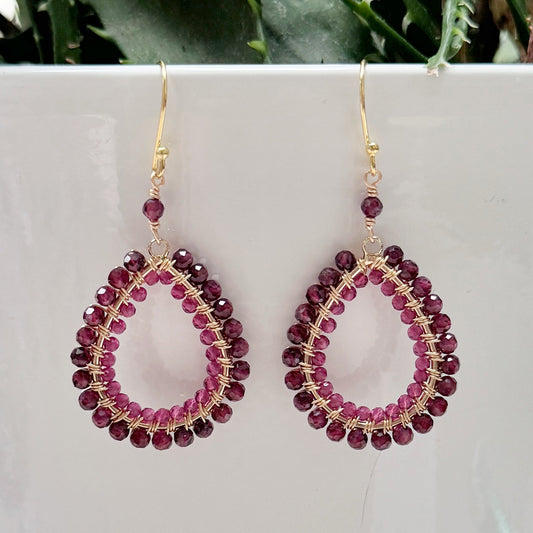 Burgundy Jade & Fuchsia Pink Garnet Double Beaded Peardrop Earrings