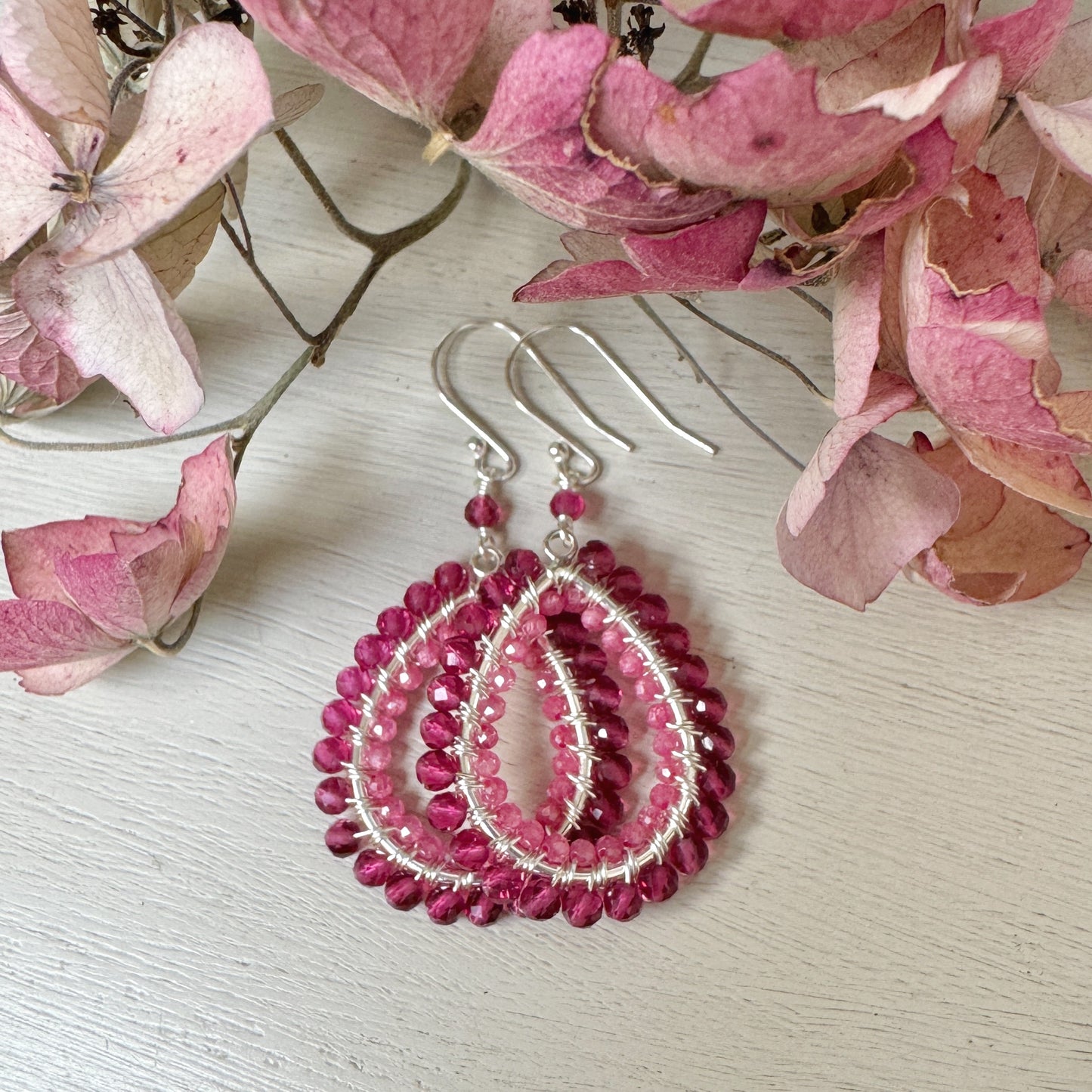 Fuchsia Pink & Candy Pink Garnet Double Beaded Peardrop Earrings