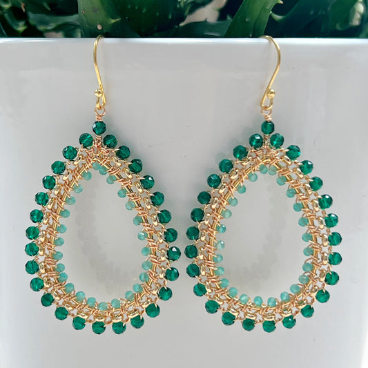 Emerald Green Jade Large Rolo Teardrop Beaded Earrings