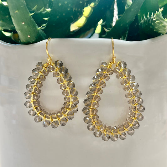 Sparkly Taupe Crystal Double Beaded Teardrop Earrings