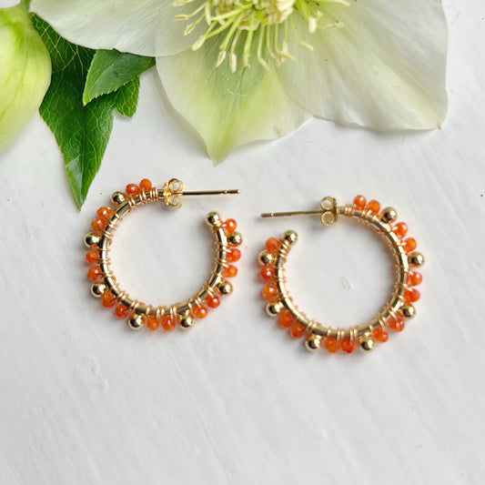 Orange Carnelian Mini Bobble Hoop Beaded Earrings