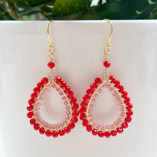 Red & Pink Jade Double Beaded Peardrop Earrings