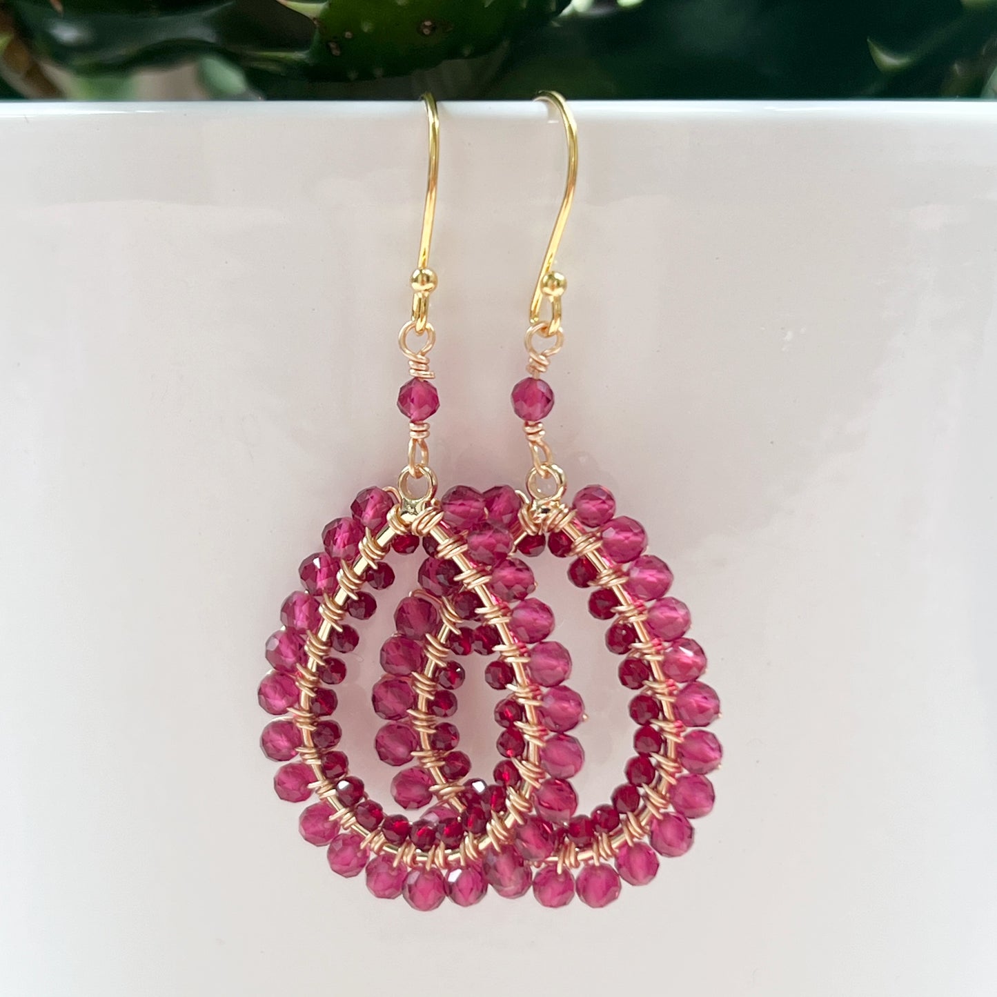 Fuchsia Pink Garnet & Burgundy Jade Double Beaded Peardrop Earrings