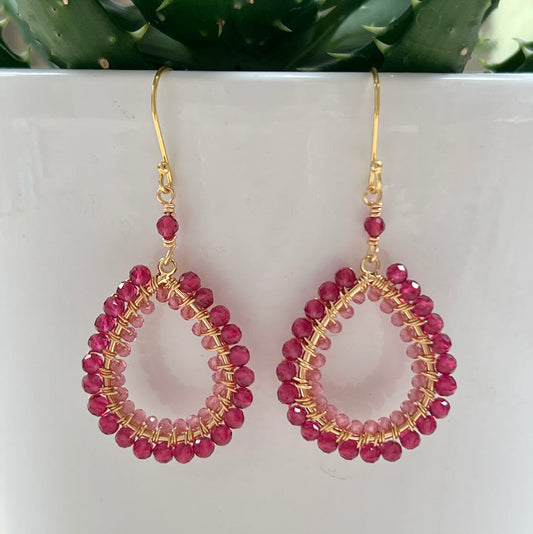 Fuchsia Pink Garnet Double Beaded Peardrop Earrings