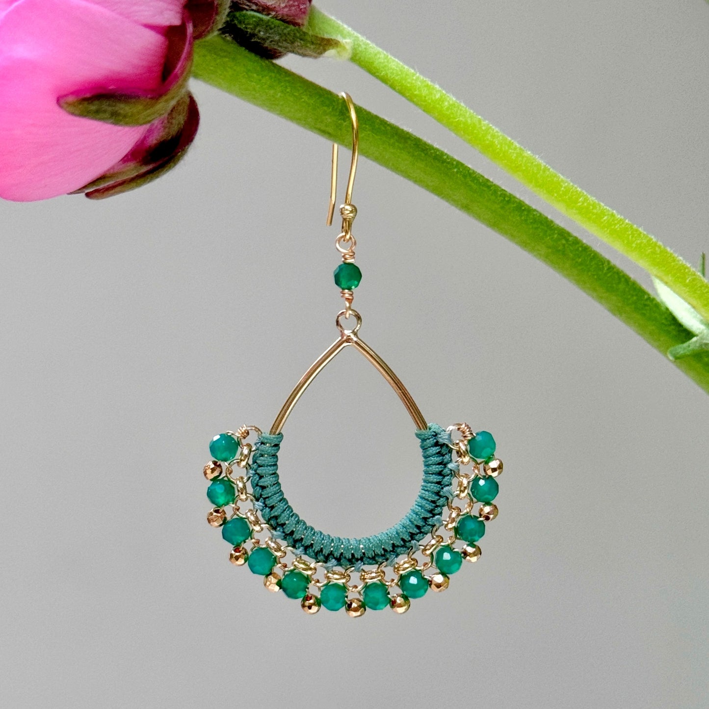 Emerald Green Jade & Gold Pyrite Boho Wrapped Round Earrings
