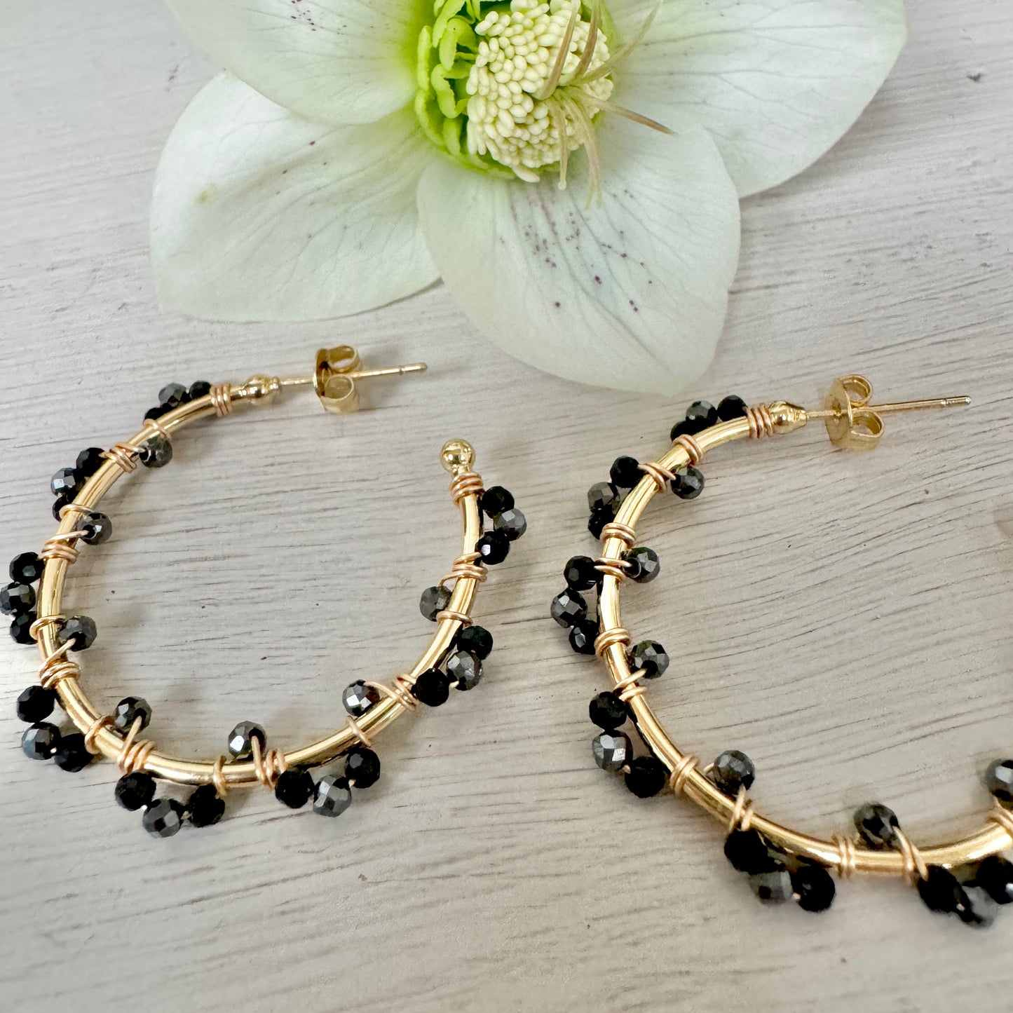 Black Onyx & Charcoal Hematite Swirl Midi Hoop Beaded Earrings