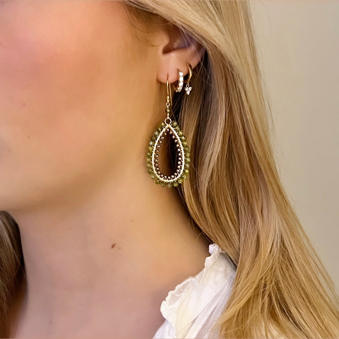 Olive Green Peridot Double Beaded Long Teardrop Earrings