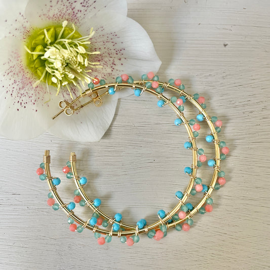 Coral, Amazonite & Turquoise Swirl Wrapped Maxi Hoops