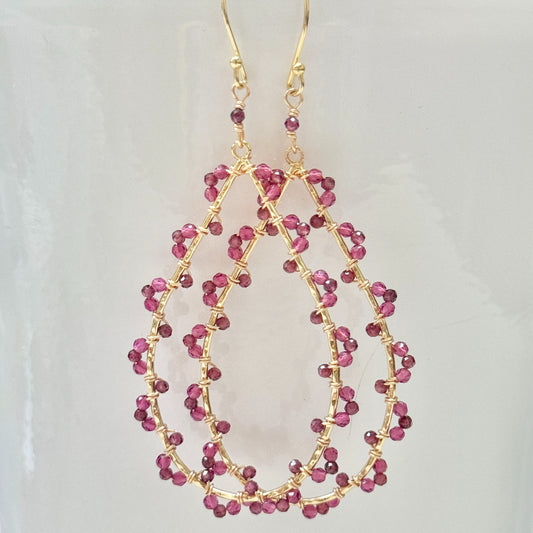 Fuchsia Pink & Burgundy Garnet Wrapped Teardrop Earrings