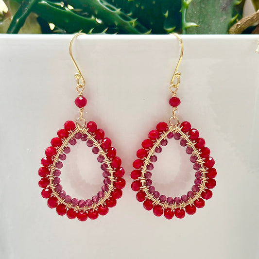 Red Jade & Fuchsia Pink Garnet Double Beaded Peardrop Earrings
