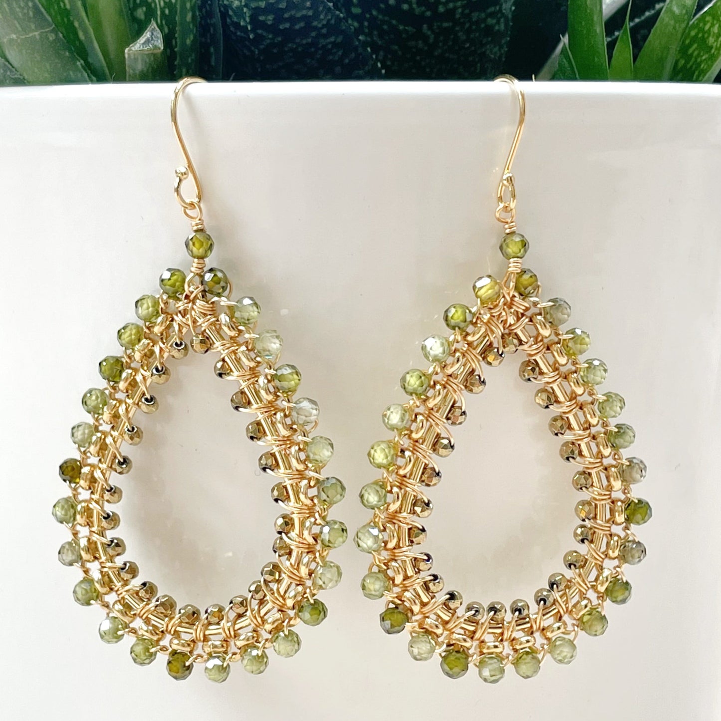 Olive Green Peridot Large Rolo Teardrop Beaded Earrings