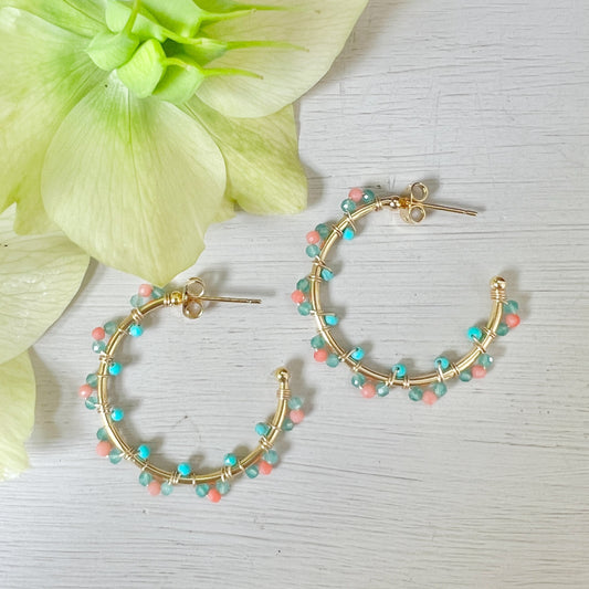 Coral, Mint Green & Turquoise Swirl Midi Hoop Beaded Earrings