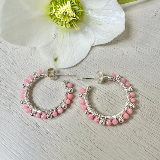 Pink Coral Bobble Hoop Beaded Earrings (Silver)