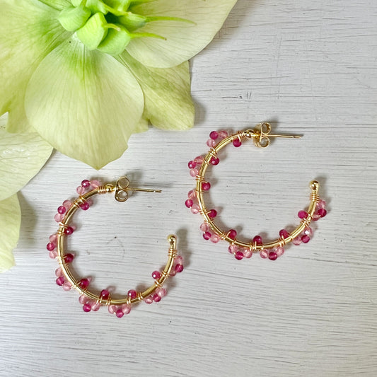 Fuchsia Pink Garnet Swirl Midi Hoop Beaded Earrings