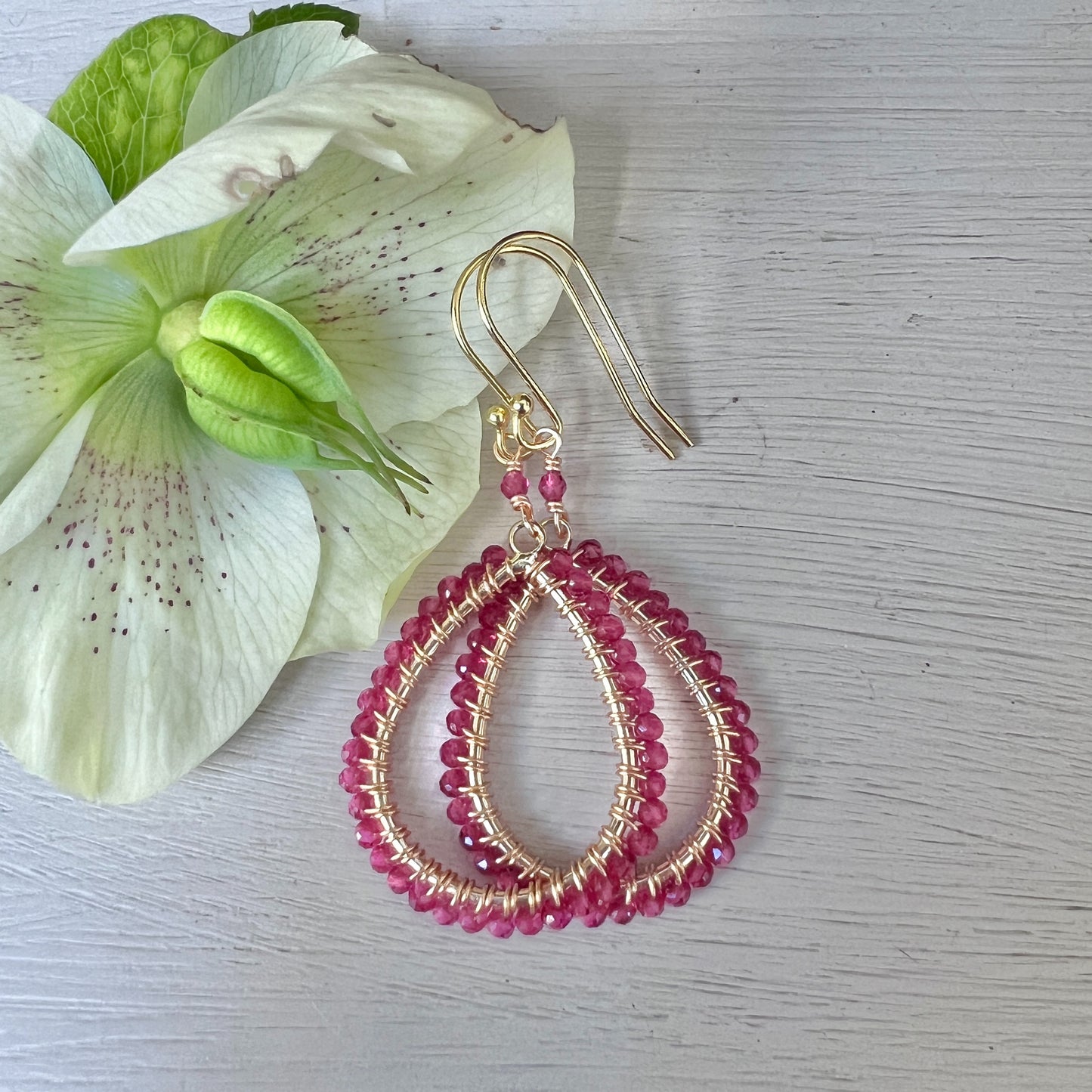 Fuchsia Pink Garnet Peardrop Beaded Earrings