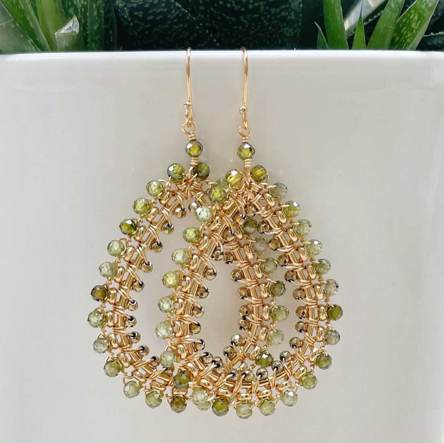 Olive Green Peridot Large Rolo Teardrop Beaded Earrings