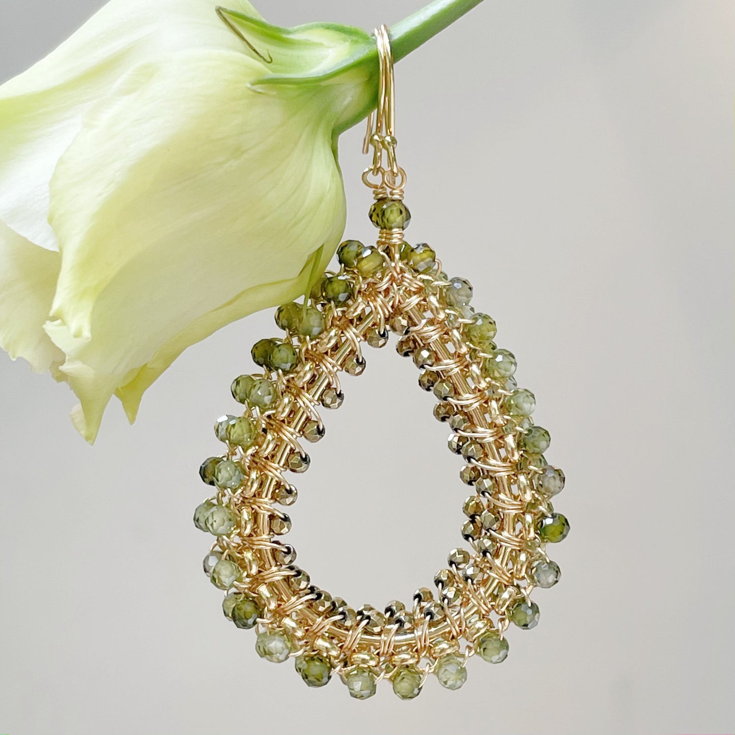 Olive Green Peridot Large Rolo Teardrop Beaded Earrings