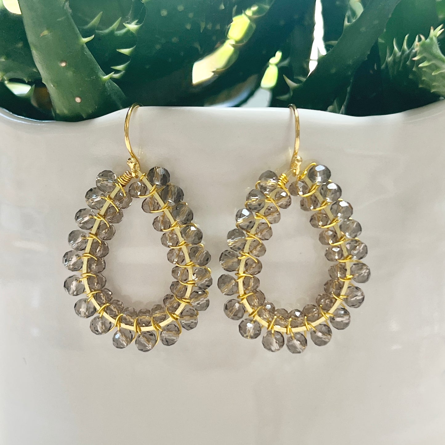 Sparkly Taupe Crystal Double Beaded Teardrop Earrings